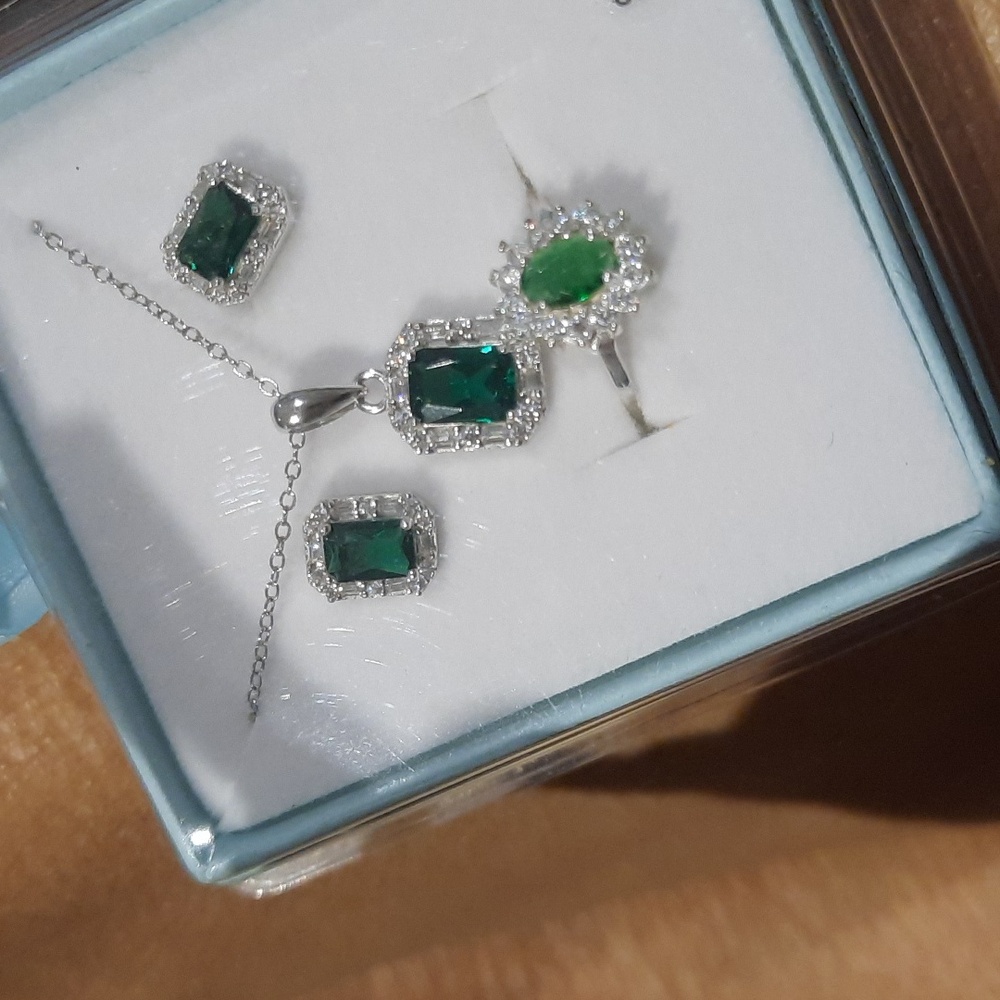 May's birthstone Diamonelle CZ Emerald full jewelry suite Solid Sterling Silver